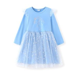 PatPat Robe Princesse Fille, Robe Licorne, Tutu Tulle, Robe Longue Enfant, Robe de F&ecirc;te Anniversaire, Costume de No&euml;l Fille, Robe de Soir&eacute;e Paillet&eacute;e Enfant, Bleu Clair 4-5 Ans, 104-110cm (PATPAT STORE EU, neuf)