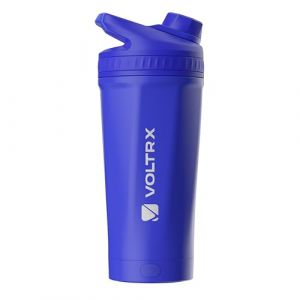 VOLTRX ChillMix Bouteille shaker isotherme en acier inoxydable &ndash; M&eacute;langeur &eacute;lectrique rechargeable par USB C, pour boissons prot&eacute;in&eacute;es et remplacement des repas, acier chrom&eacute; (bleu &eacute;lectrique) (VOLTRX-FR, neuf)