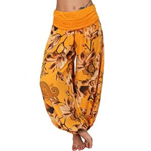 Minetom Femme Harem Pantalon Yoga Sarouel Legers Hippie Baggy Léger Ethnique Calqué Smockée Taille Haute avec Poches Été Plage Pantalon Aladin Jogging C Orange XL (B.W.S KIT, neuf)