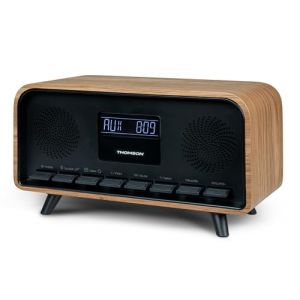 THOMSON Radio-r&eacute;veil Vintage et Enceinte Bluetooth, Radio FM, Port USB de Charge, AUX, Design Bois &Eacute;l&eacute;gant, Double Alarme, Horloge Num&eacute;rique - RT850BT (GamesJ, neuf)