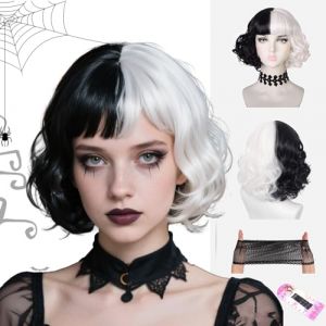 WiDream P-erruque pour Cosplay Cruella, P-erruque Courte Ondul&eacute;e Noire Et Blanche R&eacute;sistante &agrave; La Chaleur, Perruque Noire Et Blanche pour Cospaly, Halloween, Party (Avec Clips Et Filet &agrave; Perruque) (WiDream, neuf)