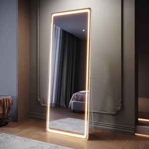 SIRHONA Miroir sur Pied LED 160x60cm, Miroir Pleine Longueur avec 3 Couleurs, Dimmable, Mémoire, Port USB, Montage Accrocher ou Placer, Antichute (ELLIPSE sanitaire, neuf)