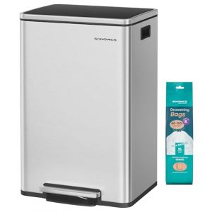 SONGMICS Poubelle de Cuisine 50 L, avec 15 Sacs Poubelle, en Acier Inoxydable, Seau Int&eacute;rieur Amovible en Plastique, avec Couvercle, Poign&eacute;es, Fermeture en Douceur, Argent LTB595E01 (SONGMICS HOME FR, neuf)