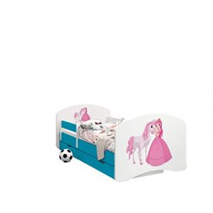 Happy Babies - LIT D'ENFANT DOUBLE FACE AVEC TIROIR Design Moderne Avec Bords Sûrs et Matelas en Mousse Antichute 7 cm Bleu (Princesse à Cheval, 180x90) (EuroTrip, neuf)
