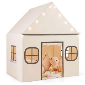DREAMADE Tente de Jeu pour Enfants, Tente de Jeu en Forme de Maison, Cabane Pliable pour Enfants, avec Lumi&egrave;res Scintillantes, 4 Fen&ecirc;tres Ventil&eacute;es, Matelas Doux (Beige+Kaki) (DREAMADE, neuf)