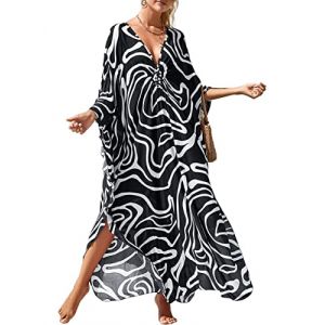 Bsubseach Caftan Femme Robe Plage Manches Longues Arc Noir et Blanc Kaftan Maxi Ete Djellaba Tunique Bohème Pareos Boubou Africain (Bsubseach-EU, neuf)