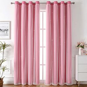 Freyamy Rideau Occultant Étoile Creux Rideaux Thermique Isolant Anti Froid Rideaux à Oeillets Léger Rideaux de Fenêtre avec Voile pour Enfants Filles Chambre Salon 2 Pièces 270x150cm(H×L) Rose (Mitchell'SZ, neuf)