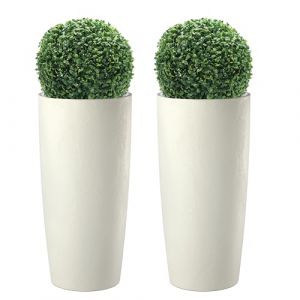 Erba Grand Pot pour Plantes d'int&eacute;rieur et d'ext&eacute;rieur, Design Moderne avec Effet Ciment Amande et Anthracite, jardini&egrave;re Haute avec Soucoupe Musa Mat Coleur Amande, 2 pi&egrave;ces 35 x 90 avec buis (Tecnokit Space Garden & Brico, neuf)