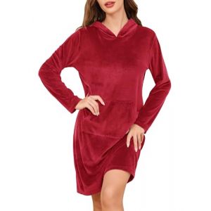 Wikoan Chemise de Nuit Longue Femme Chemise en Polaire Thermo Douce Chemises de Nuit &agrave; Manches Longues Dames avec Capuche Rouge XL (Wikoan Direct, neuf)