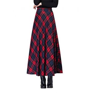 BiilyLi Jupe Longue Femme Hiver &Eacute;l&eacute;gant Carreaux Haute Taille Maxi Jupe en Laine A-Line Taille &eacute;lastique Skirt 1953 Rouge -L (Five Magnolia Flowers, neuf)