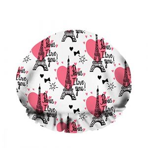 Double bonnet de bain imperméable noir tour Eiffel rose amour coeur arc mot réutilisable mode chapeau de douche pour femmes beauté, bain cheveux spa, maison hôtel voyage utilisation (2MACAXN9K15, neuf)