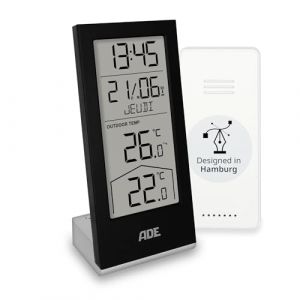 ADE Station météo numérique sans fil avec capteur extérieur | Thermomètre intérieur et extérieur | Horloge radiocontrolé | calendrier avec jour de la semaine en français | noir (GRENDS GmbH – Great Brands & Trends, neuf)