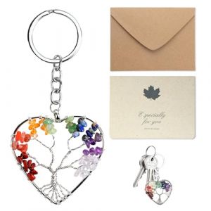 Porte Clef d'Arbre de Vie Original, Pendentif Chakra Bijoux Gu&eacute;rison Forme Coeur en Cristal Color&eacute; D&eacute;coration Chic pour Couple Ami Cadeau Porte Bonheur pour Anniversaire Saint Valentin (A:Couleur) (ChenWangShengkeji, neuf)