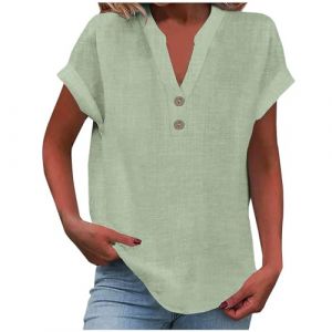 2025 Chemise Lin Femme Coton Et Lin Chemisier élégant à col en V Femme Manches Courtes Henley Chemisier Couleur Uni Tee Shirt été Haut Top Respirant T-Shirts Grande Taille Tunique Blouse Pas Cher (GMGM  (Économisez 50% sur 1 des 2 articles), neuf)