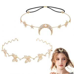 Chaînes de tête à paillettes dorées Chaînes, 2 Pièces Bijoux de Tete, Bandeau bohème avec lune dorée et étoile, Bijoux de Tete Oriental, pour Femmes et Adolescentes Cadeaux, de cheveux pour les femmes (XU WEIWEI uk shop, neuf)