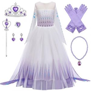 New front Déguisement Princesse Elsa Fille Robe de Princesse Reines des Neiges 2 Manches Longues Costume et Accessoires Noël Halloween Anniversaire Robe de Cosplay Couronne Baguette,Violet,140 (New Front, neuf)