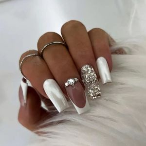 VEBONNY VEBONNY FN-ST042 Faux ongles en forme de cercueil blanc argent&eacute; avec strass, paillettes argent&eacute;es, blanc nacr&eacute; et lustr&eacute;, French Tip (V&eacute;bonnie-fr, neuf)