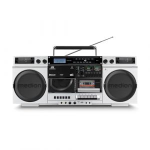 MEDION P66538 Enregistreur à cassettes (Ghettoblaster rétro avec lecteur CD, années 80, grand, USB, SD, CD, cassettes MC, radio DAB+ antenne télescopique, Bluetooth, platine cassette, fonction enregis (medionshop-deutschland, neuf)