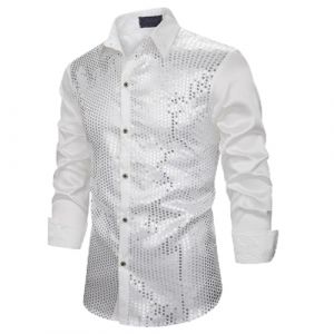 Chemise &agrave; Paillettes pour Homme en Satin de Soie Brillante Disco Party Chemise Veste Tops 2025 Nouvelles Chemises Chemise &agrave; Paillettes Slim Hauts Classique Chemise Chemise Brillante Manches Longues (Beythetly, neuf)