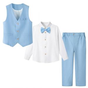 LOLANTA 4 Pièces Costume Garçon Mariage, Lin Gilet Pantalon Vetement Cérémonie Enfant, Tenue en Baptême, Fête d'anniversaire, Bleu Clair, 10-11 Ans, 150 (LOLANTA, neuf)