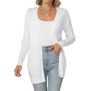 Famrrifuu Femme Gilet Manches Longues Col en V Cardigan Long Chic et Elegant &Eacute;t&eacute; Veste Tricot L&eacute;ger Ouverte Gilets, Blanc, S (TengGD, neuf)