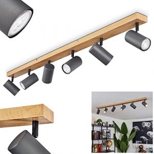 Plafonnier Javel, lampe de plafond moderne en m&eacute;tal imitation bois/marron/gris, luminaire moderne avec spots orientables, 6 flammes, 6 x GU10, sans ampoules (hofstein, neuf)
