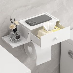 Lifewit Porte-Rouleau WC avec Tablette de Rangement et Tiroir, Porte-Rouleau WC &agrave; Visser ou &agrave; Coller au Mur, Bo&icirc;te de Rangement &Eacute;tanche et Lavable pour Lingettes Humides de Toilette, Blanc, 1 Paquet (Lifewit Home FR, neuf)
