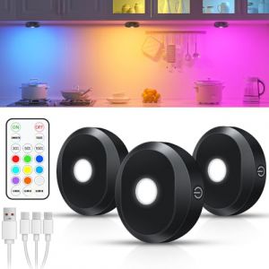 WILLED RGB Spot LED sans Fil, Rechargeable LED Cuisine sous Meuble avec Télécommande, Spot sans Fil pour Cuisine, Armoire, Placard, Comptoir, Lot de 3 (WILLED eu, neuf)