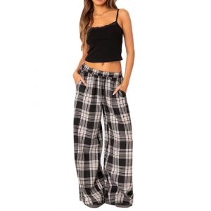 Achlibe Pantalon baggy Y2k &agrave; imprim&eacute; &eacute;cossais pour femme - Taille &eacute;lastique - Cordon de serrage - Pantalon vichy d&eacute;contract&eacute; avec poches, a-noir, L (QUWGEDG, neuf)