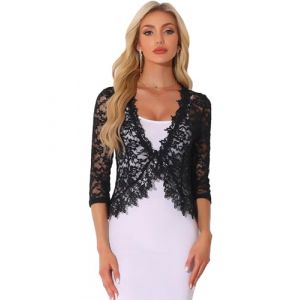 Allegra K Boléro en Dentelle Florale Femme Manches 3/4 Élégant Cardigan Court Transparent Gilet Léger pour Invité de Maraige Noir XL (Allegra K FASHION, neuf)