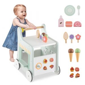 GOPLUS 8 en 1 Trotteur B&eacute;b&eacute; en Bois, Chariot de Marche Bebe avec Accessoires Interactifs, Roues Antid&eacute;rapantes, Jouet de Marche &agrave; Pousser Montessori pour 1+ Ans (Vert) (Augenstern24, neuf)