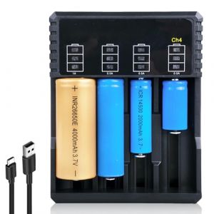 Vaileal : Chargeur universel à 4 compartiments avec affichage LED, chargeur 18650, 18350, 21700, 16340, 26650, AA, 3,7 V Li-Ion, USB rapide (HQ SHENG LIMITED, neuf)