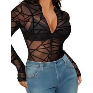 Avidlove Body sexy pour femme - Dentelle - Maille - Élégant - Fermeture éclair - Chemisier à manches longues - Pour fête, rave, clubwear, Lignes noires, XXL (Avidlove direct, neuf)