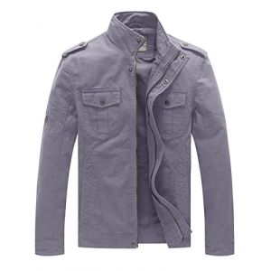 WenVen Homme Veste Style Militaire Printemps Coupe-Vent Veste Zippée Veste Cargo Classique en Coton Manteau Décontracté Casual Blouson Multipoches Gris Clair L (C'est la vie, neuf)