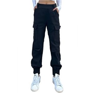 Nuofengkudu Cargo Sarouel Pantalon Resserré Cheville Femme Elastique Taille Haute 4 Poches Jogging Pants Large Pantalons Stretch Ado Y2K Decontracte Baggy Sport Mode Casual Punk Gothique Noir L (better Life, neuf)