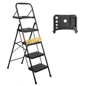 BONTEC Escabeau 4 Marches avec Plateforme de Travail, Charge 150 kg Escabeau Pliable, Larges Marche Pied Pliable Antidérapantes, Tabouret en Acier Marche Pied Adulte, Noir (bracketsales123, neuf)