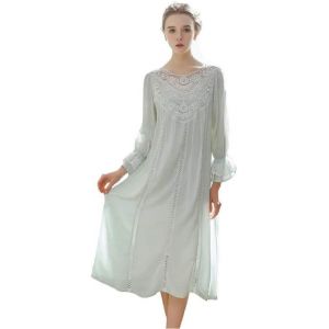 FENXIXIONE Chemises de nuit en coton victorien pour femmes, chemise de nuit &agrave; manches longues en dentelle, v&ecirc;tements de d&eacute;tente doux, pyjama, chemise de nuit (Vert,S) (JINGHEBAIHUO, neuf)