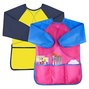Chstarina 2Pcs Tablier Peinture Enfant,Blouse Peinture Enfant avec Manches Longues et 3 Poches,Tabliers Enfant Peinture de Polyester,Smock d'art pour Peinture,Cuisine, Coloriage,Nourrissage 3-8 ans (hatixiang, neuf)
