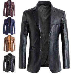 GAGFDA Veste blazer en cuir pour homme, coupe r&eacute;guli&egrave;re en peau d'agneau, manteau d'affaires, &agrave; boutons avec doublure, style moto avec plusieurs poches, Noir , XXL (NATURSELEC, neuf)