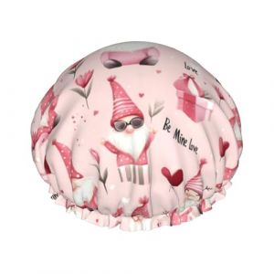 Grand bonnet de douche r&eacute;utilisable pour femme double couche imprim&eacute; nain rose avec cordon &eacute;lastique et doublure en PEVA (shengCY-US, neuf)