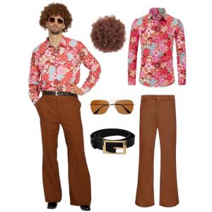 minkasic Costume disco des ann&eacute;es 70 - Style hippie - Pour homme - Avec pantalon &eacute;vas&eacute;, chemise - Pour carnaval, f&ecirc;te d'Halloween des ann&eacute;es 50, 60, 70 (orange, 2XL) (Cheerful Wear Studio, neuf)