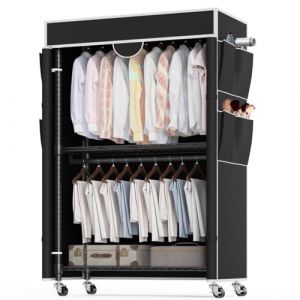 Portant &agrave; V&ecirc;tements 3 Niveaux avec Housse Portant &agrave; V&ecirc;tements Robuste sur Roulettes avec Hauteur R&eacute;glable, Rail en M&eacute;tal Stable avec 2 Barres de Suspension et 4 Poches Lat&eacute;rales, 90*45*205cm, Noir (Athomestore, neuf)