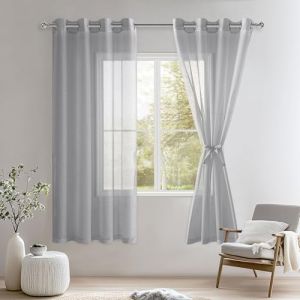 DWCN Lot de 2 Rideaux Voilages à Oeillets pour Fenêtre, Rideau Transparents avec Embrasses pour Salon Chambre d'enfant, Gris, 132x160cm (Largeur x Hauteur) (DWCN EU, neuf)