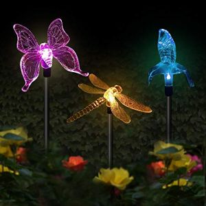 Sunboia Lot de 3 lampes solaires de jardin à énergie solaire pour piquet de jardin, multicolore, éclairage décoratif de paysage, colibris, papillon, libellule pour allée, cour, pelouse, patio (Sunboia, neuf)