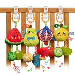 TUMAMA Lot de 4 jouets pour poussette à partir de 0, 2, 3, 4, 6, 9, 12 mois, arche de jeu, pendentif en forme d'arche de fruits, jouet de préhension, hochet, jouet à suspendre, cadeau pour nouveau-né (Wanyehong TOYS, neuf)