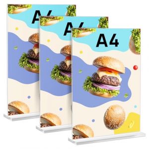 Suofuolef Lot de 3 présentoirs de table A4 - Présentoir publicitaire en acrylique - Présentoir en T pour prospectus, publicité, cadre photo, carte de menu, foires, bureau, restaurant, café (Suofuolef, neuf)