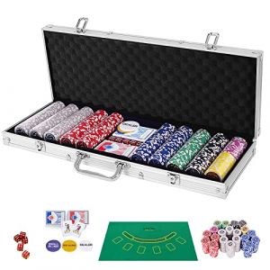 RELAX4LIFE Mallette de Poker avec 500 Jetons, 5 D&eacute;s, 3 Boutons, 2 Jeux de Cartes et 1 Tapis, Coffret de Poker en Alu Verrouillable pour Maison et Casino, Noir/Argent (argent&eacute;) (RELAX4LIFE, neuf)