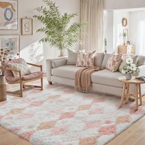 HUGEAR Tapis Salon Shaggy Damier Tapis Chambre Adulte Fille Doux Moelleux Descente de lit Antid&eacute;Rapant Moderne Grand Tapis Rose Blanc 160&times;230cm Decoration Chambrel Motif Geometrique (RONGBEN, neuf)