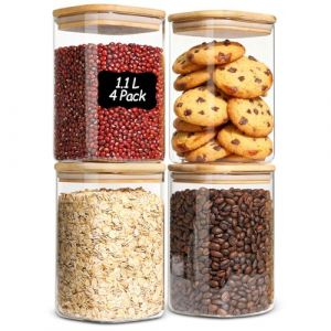 Comsaf Bocal en Verre Avec Couvercle, Pot en Verre Avec Couvercle, 1100 ml, Lot de 4 Pi&egrave;ces, Convient Pour Champignons D&eacute;shydrat&eacute;s, Levure Chimique Grand Format, Assortiment de Bonbons (Mucihome-europe, neuf)