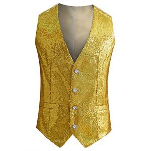 Gilet &agrave; paillettes pour homme et femme - Gilet de costume &agrave; paillettes - Col en V - Veste de costume pour carnaval, discoth&egrave;que, club, mariage et f&ecirc;te, a jaune, XL (SDFKLJV, neuf)